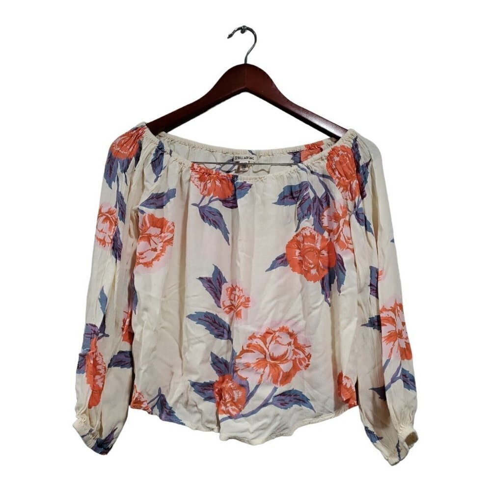 Billabong Women's Cream Floral Crop Top Boho Gauze Long-Sleeved Shirt Size S